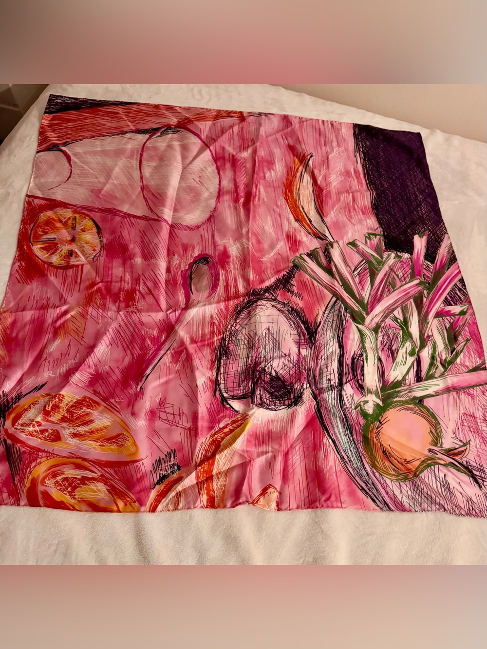 New Authentic Lanvin Pink Tropical Print Silk Scarf with Green & Orange Accents